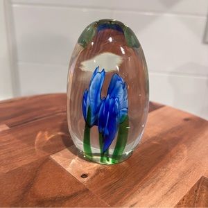 Egg Shape Glass Paperweight Blue Flowers Art Glass Bohemian Teardrop